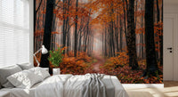 Bedroom styled using Misty Autumn Forest Path wall mural with fall foliage