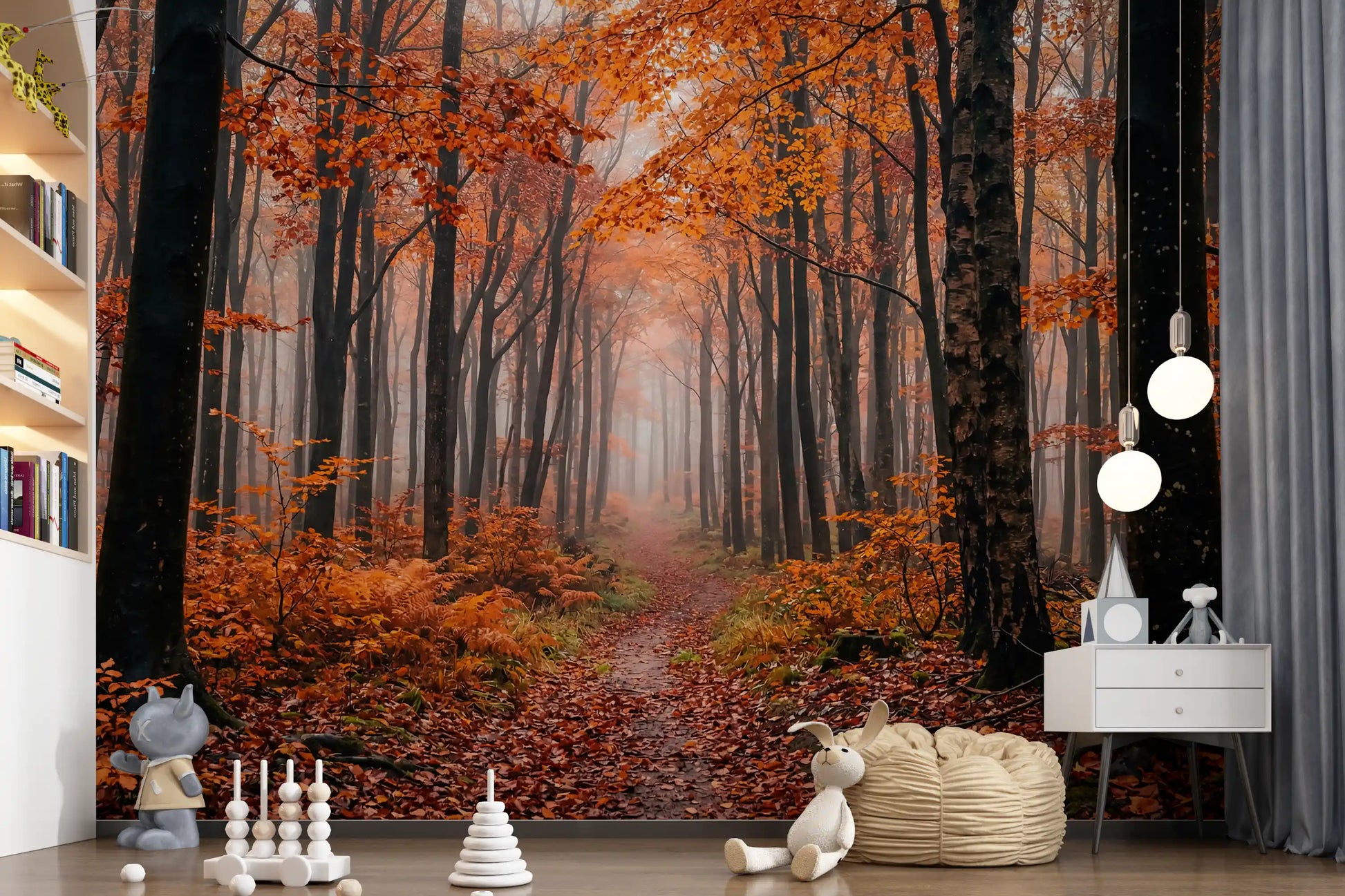 Misty Autumn Forest Path wall mural featuring detailed forest pathway