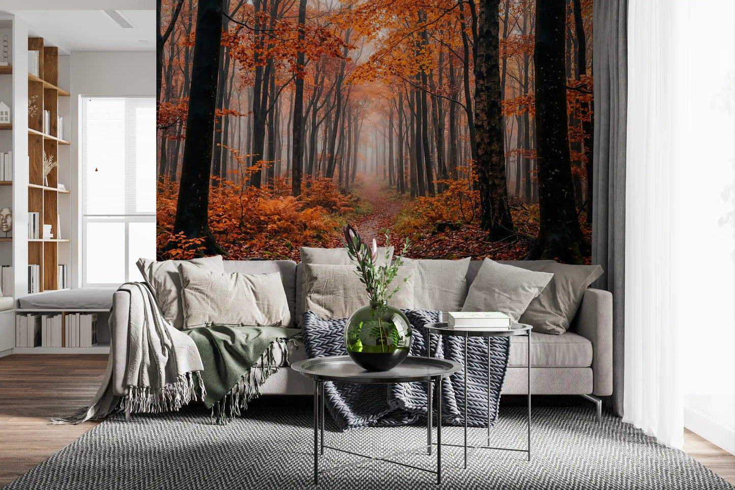 Autumn woodland wall mural with layered trees and path perspective