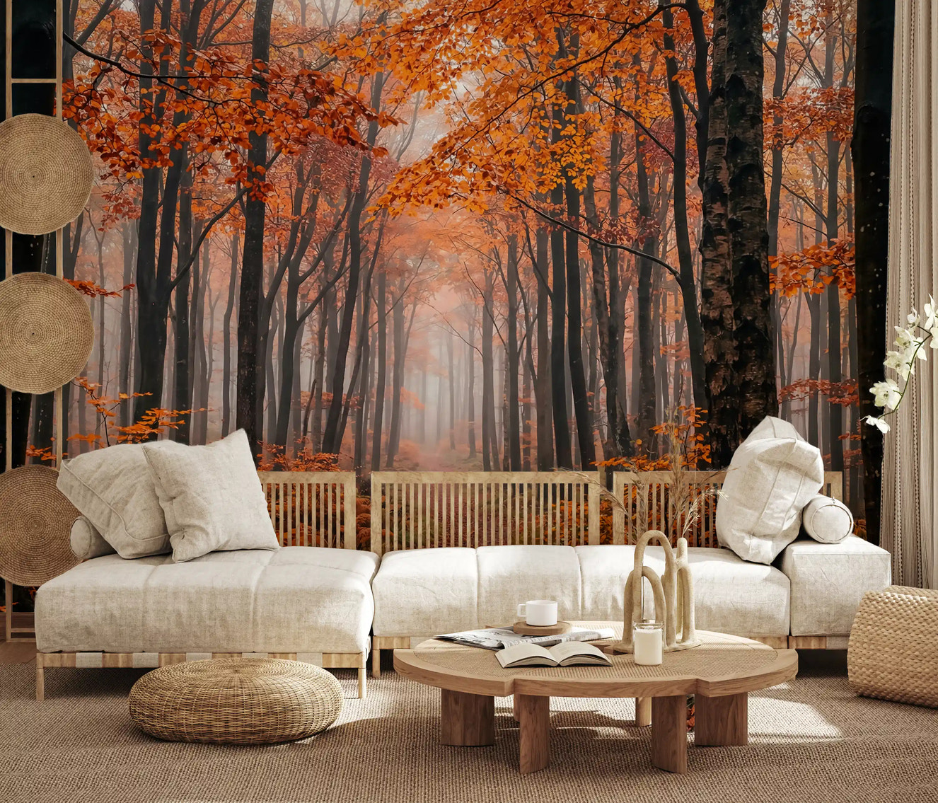 Misty Autumn Forest Path wall mural with orange leaves and foggy trees