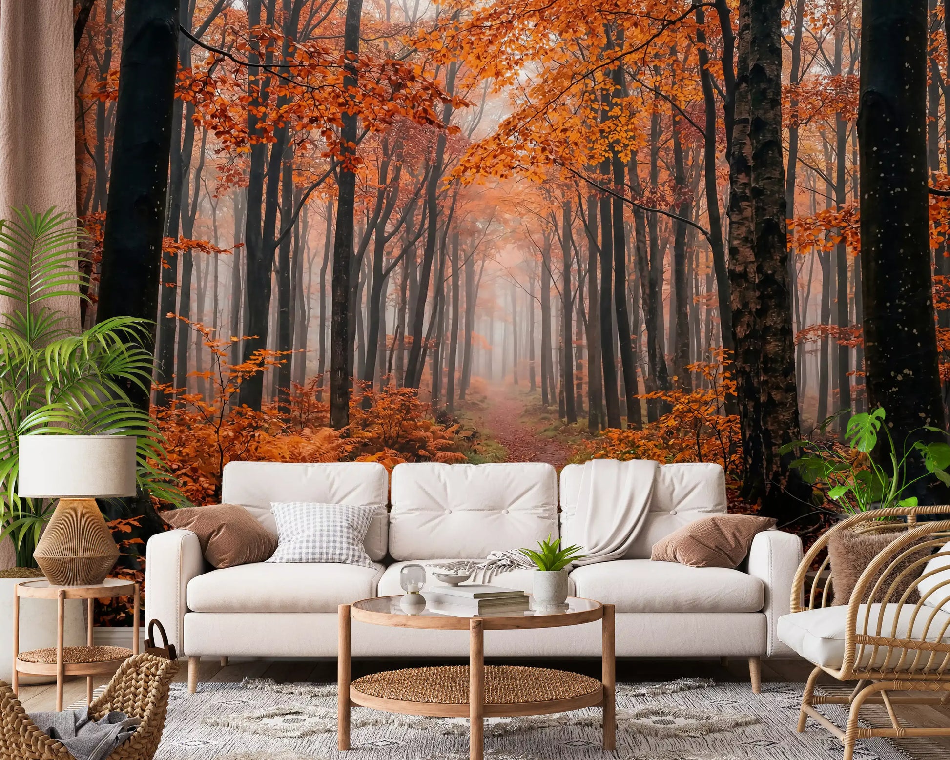 Living room with Misty Autumn Forest Path wall mural showing foggy trail scene