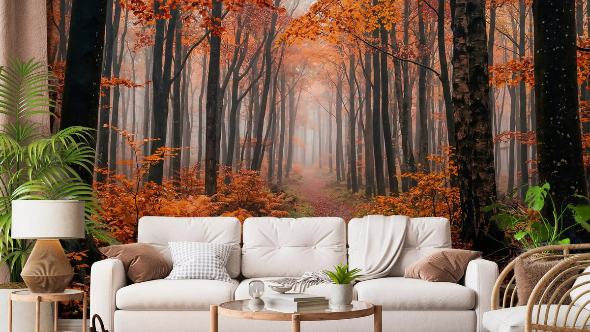 Living room with Misty Autumn Forest Path wall mural showing foggy trail scene