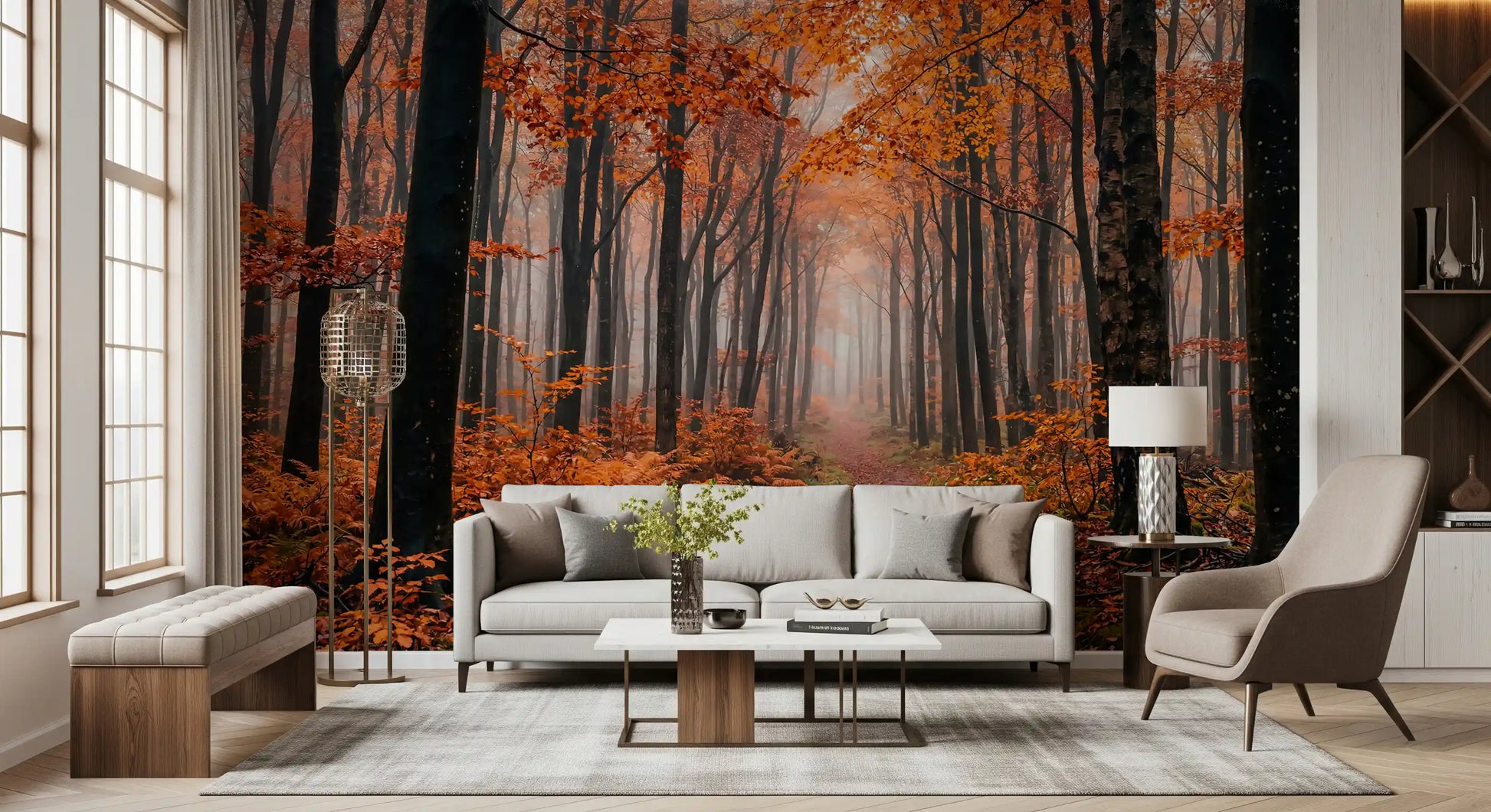 Nature forest wall mural with mist, fallen leaves, and tree textures