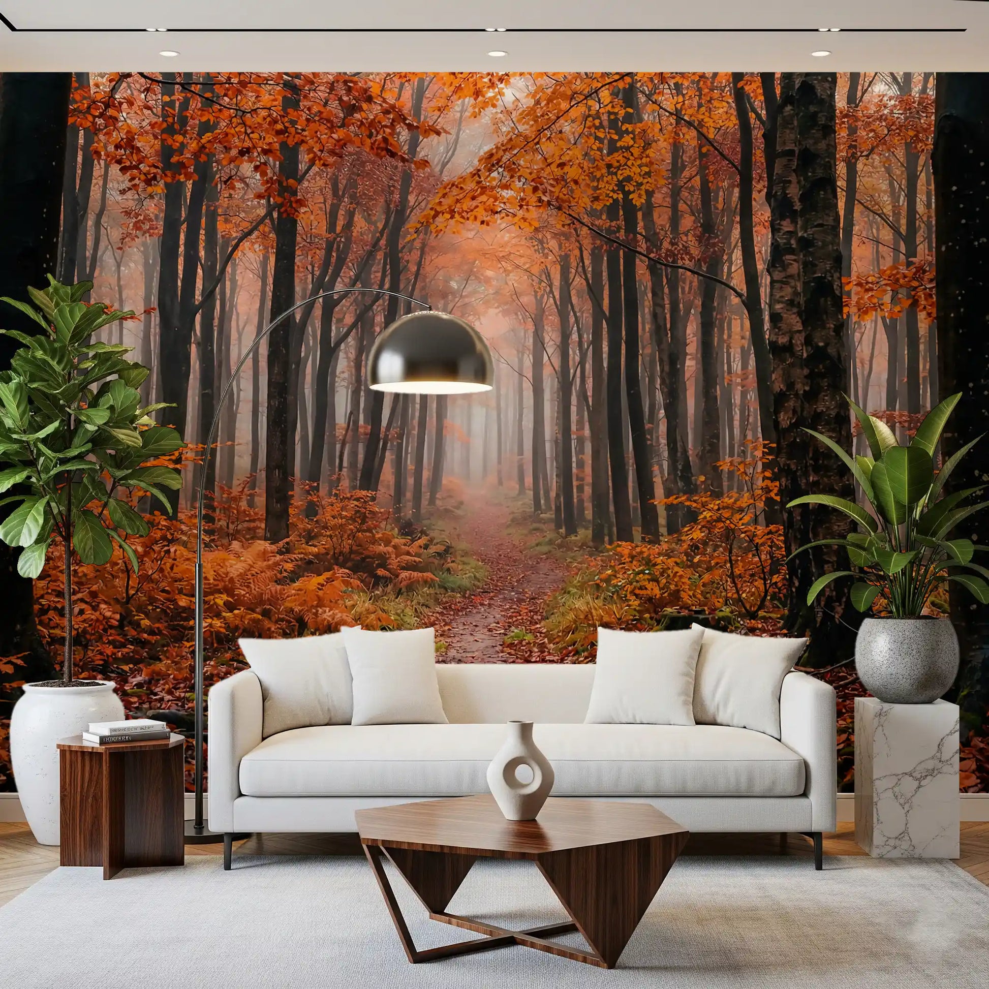 Hallway space featuring Misty Autumn Forest Path wall mural forest depth
