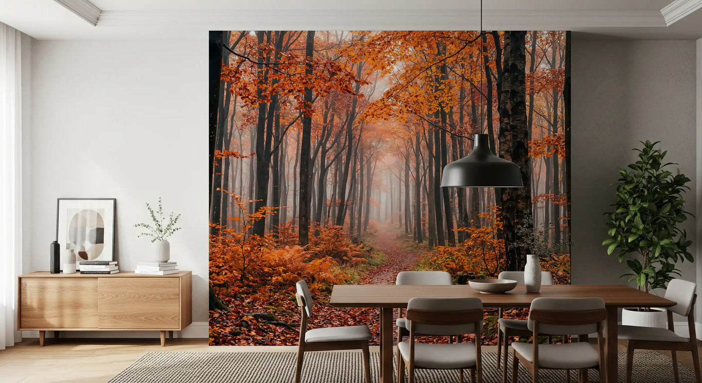 Misty Autumn Forest Path wall mural with earthy tones and tall tree lines