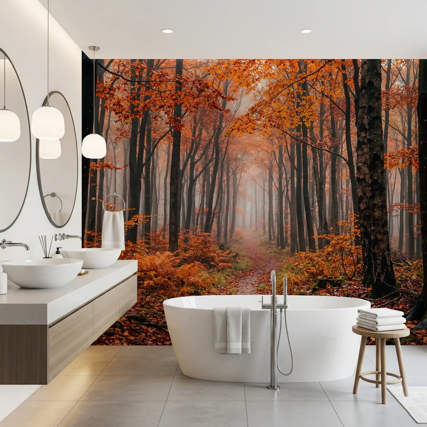 Bathroom wall setup with Misty Autumn Forest Path wall mural natural view