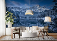 Alpine Winter Reflection Wall Mural showing snow-covered trees.