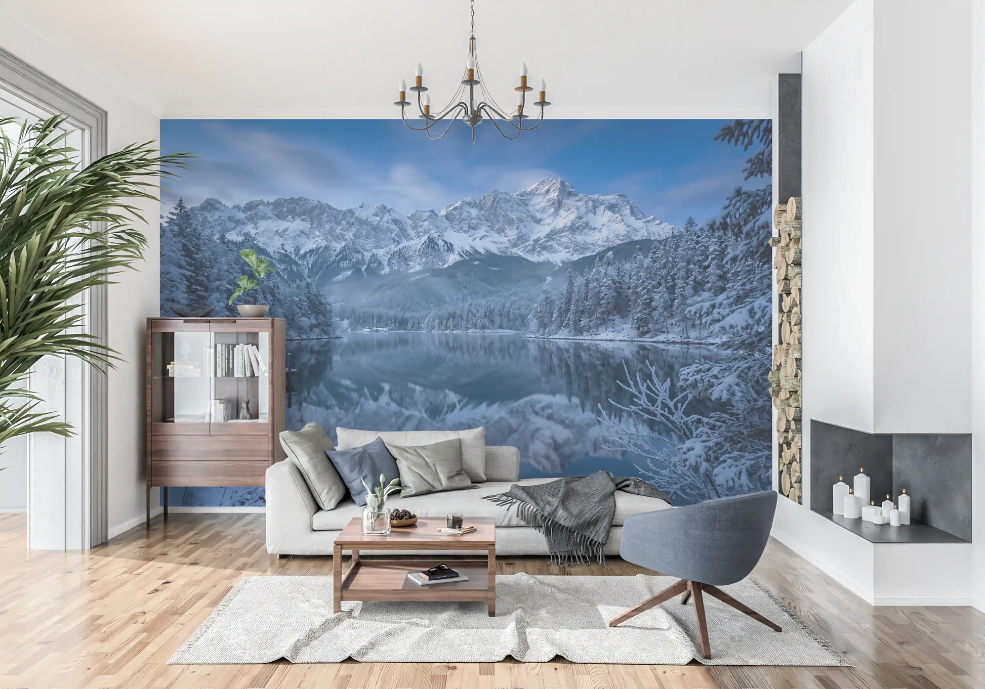 Study room with Alpine Winter Reflection Wall Mural winter lake.