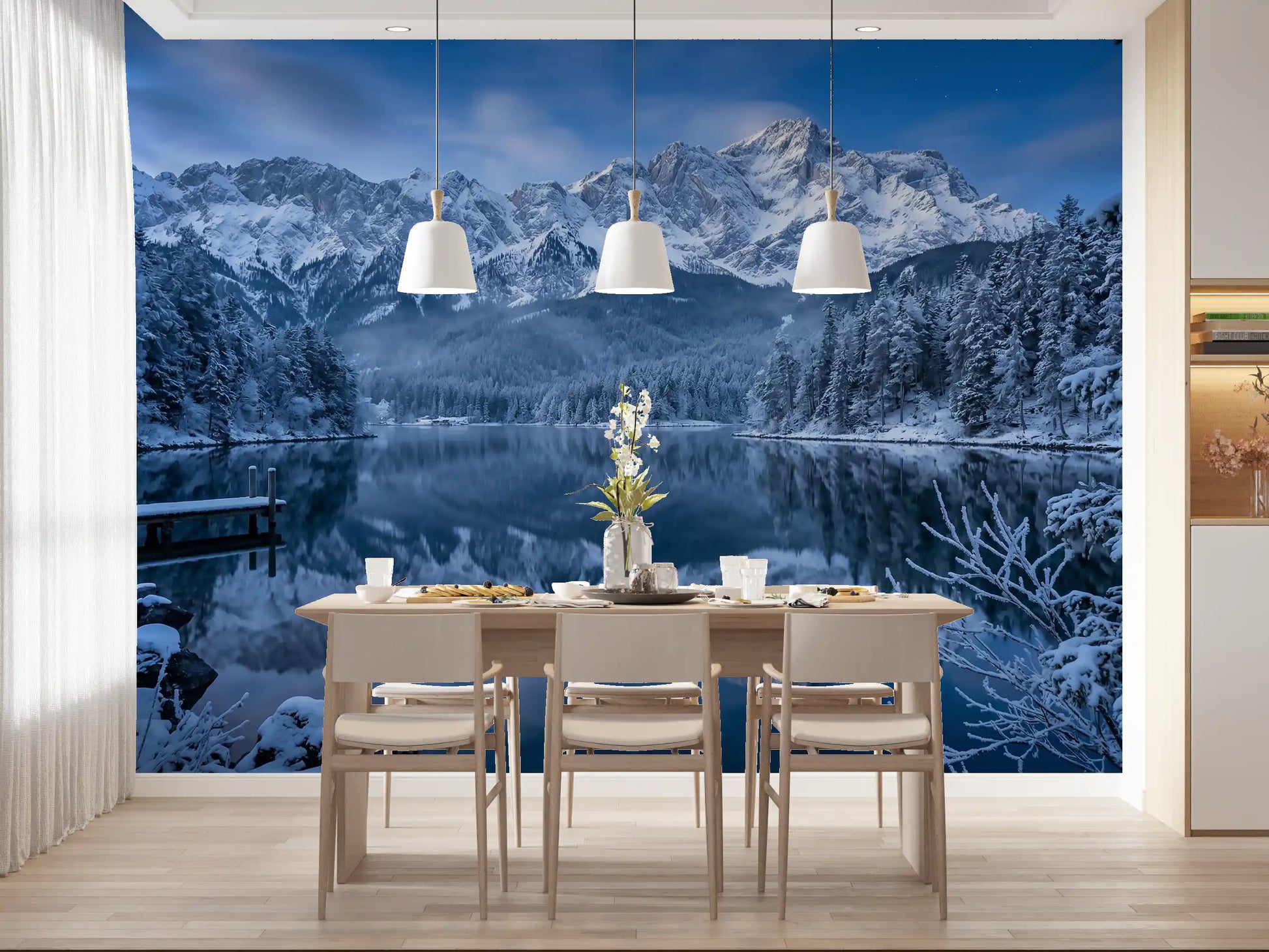 Blue lake reflection in Alpine Winter Reflection Wall Mural.