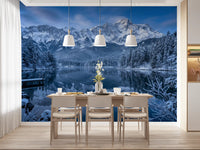 Blue lake reflection in Alpine Winter Reflection Wall Mural.