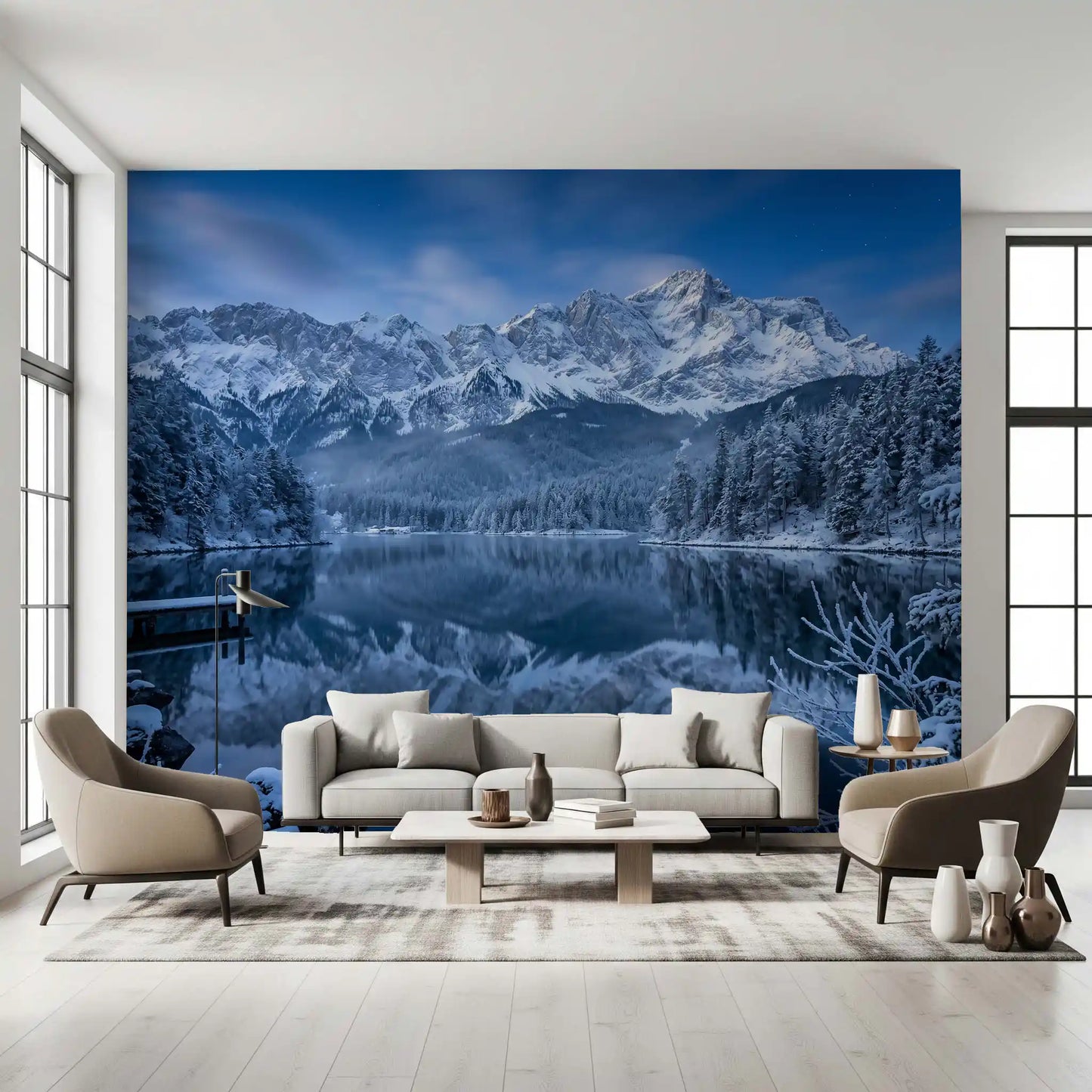 Majestic mountain peaks on Alpine Winter Reflection Wall Mural.