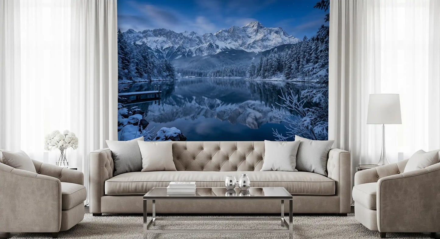 Cold winter atmosphere of Alpine Winter Reflection Wall Mural.