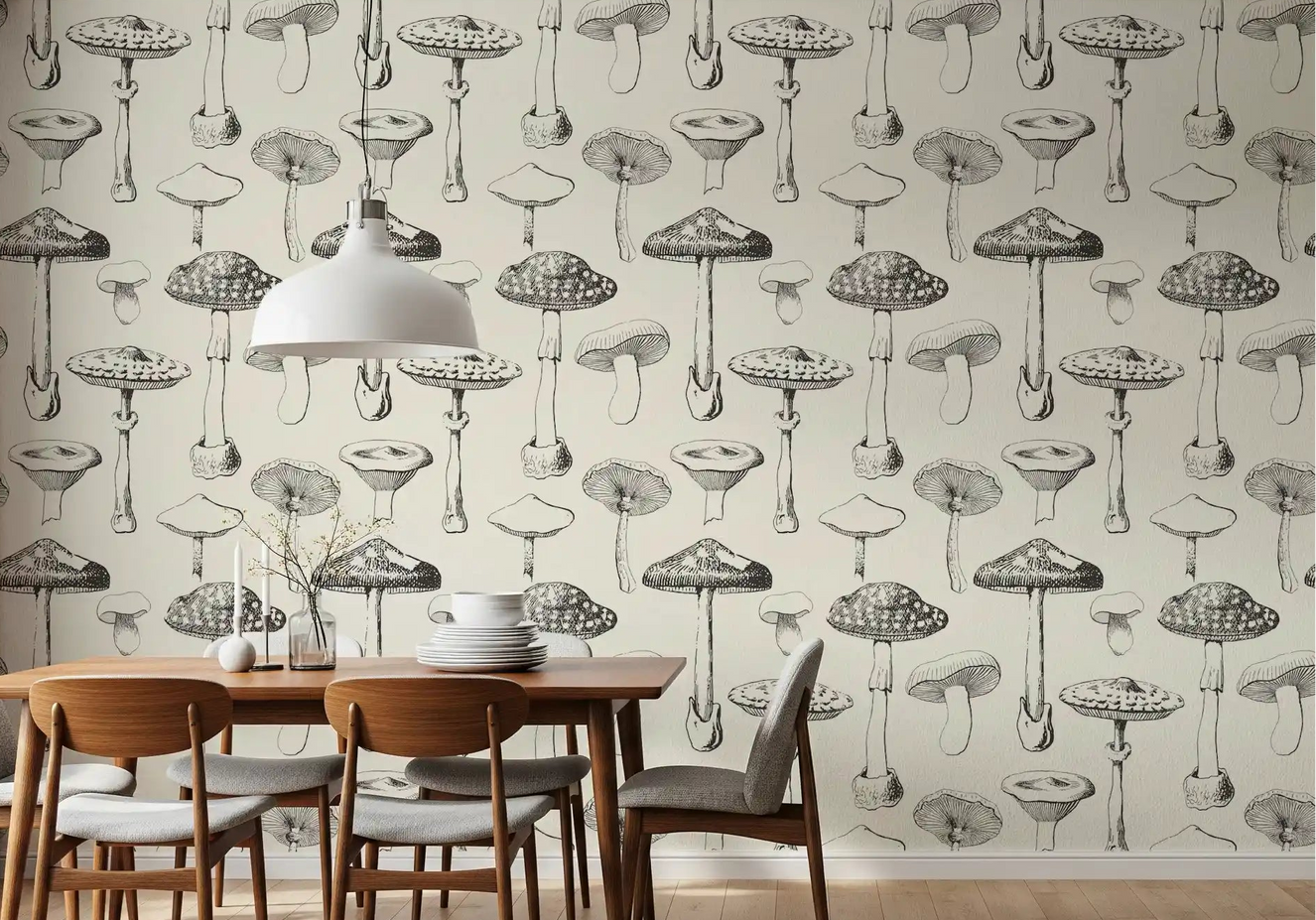 Dining room with Forest Mushroom Sketch Wallpaper sketch art.