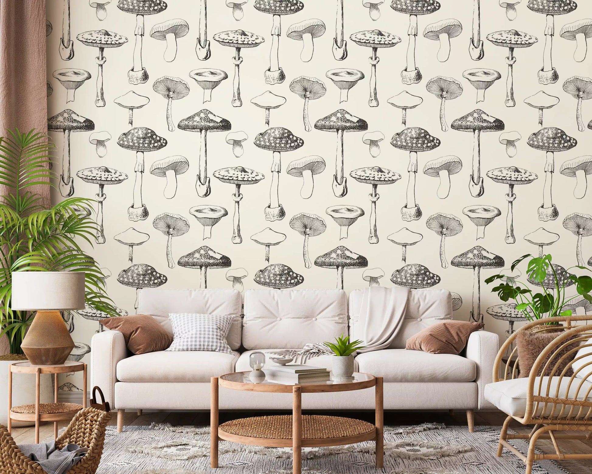 Forest Mushroom Sketch Wallpaper used in a modern living room.