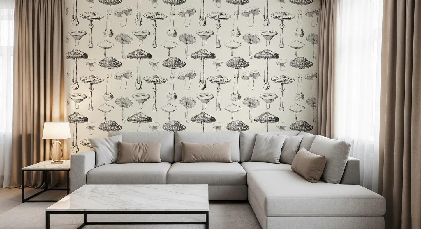 Minimalist Forest Mushroom Sketch Wallpaper for modern wall decor.