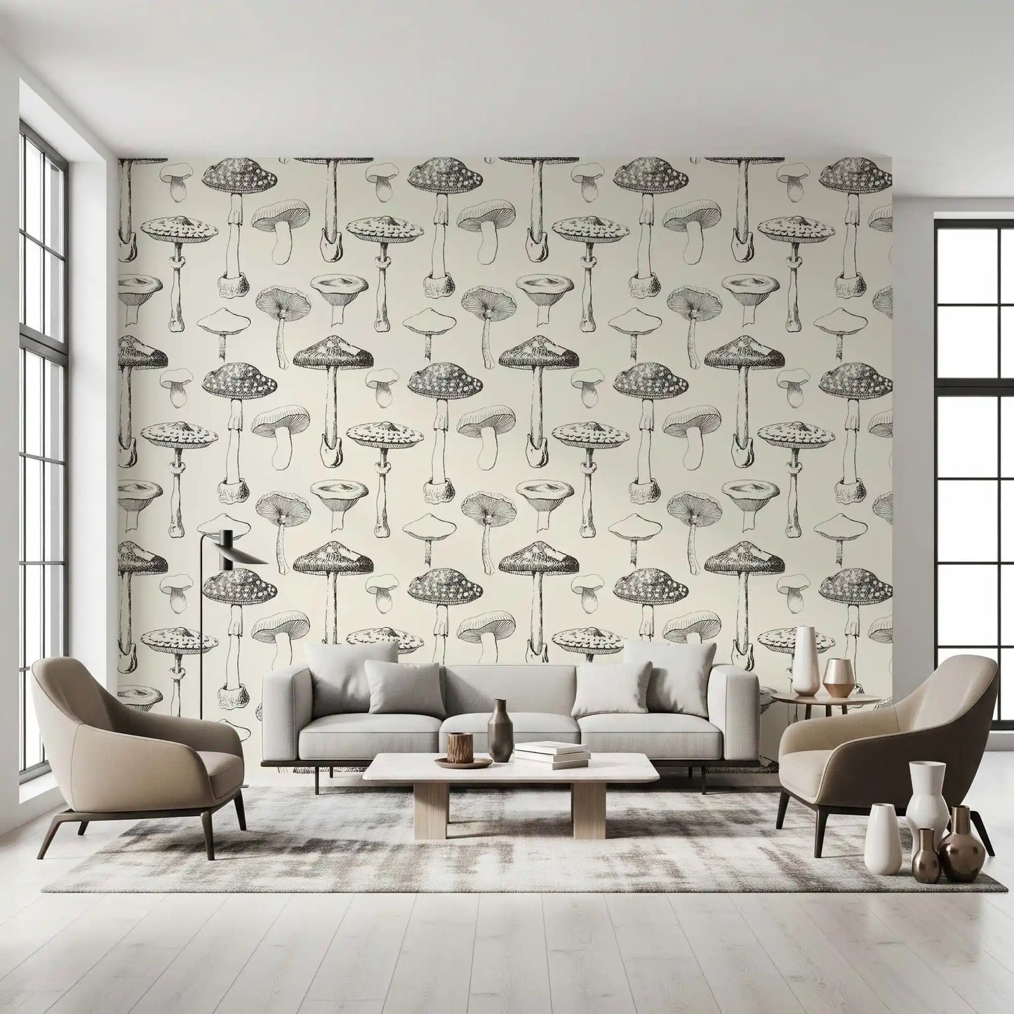 Forest Mushroom Sketch Wallpaper for a neutral living room wall.