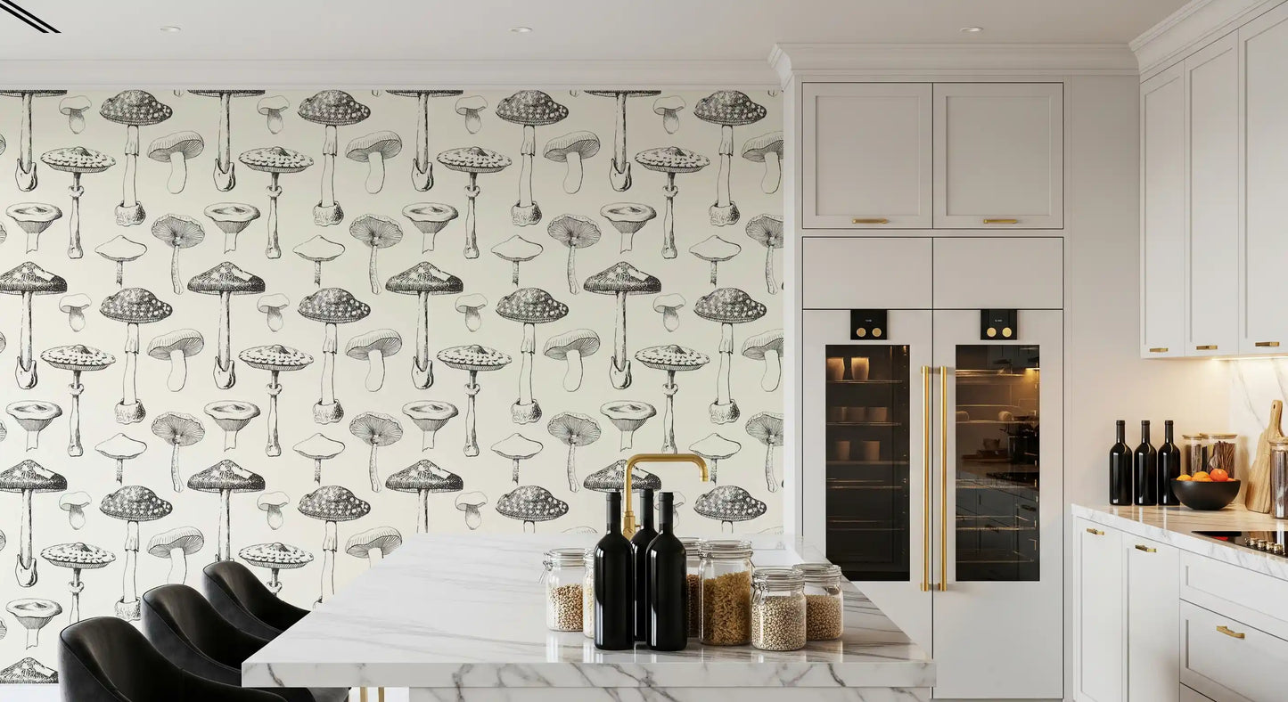 Forest Mushroom Sketch Wallpaper installed in a small kitchen area