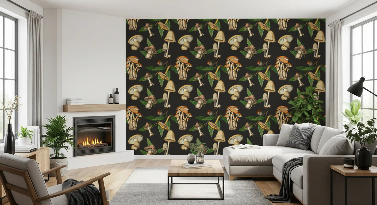 Hand-drawn mushrooms shape Forest Mushroom Pattern wallpaper with natural depth