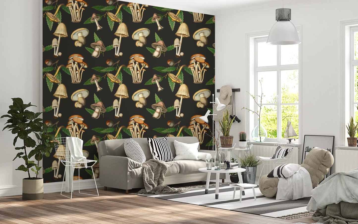 Living room with Vintage Forest Mushroom wallpaper in a dark woodland pattern