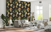 Living room with Vintage Forest Mushroom wallpaper in a dark woodland pattern