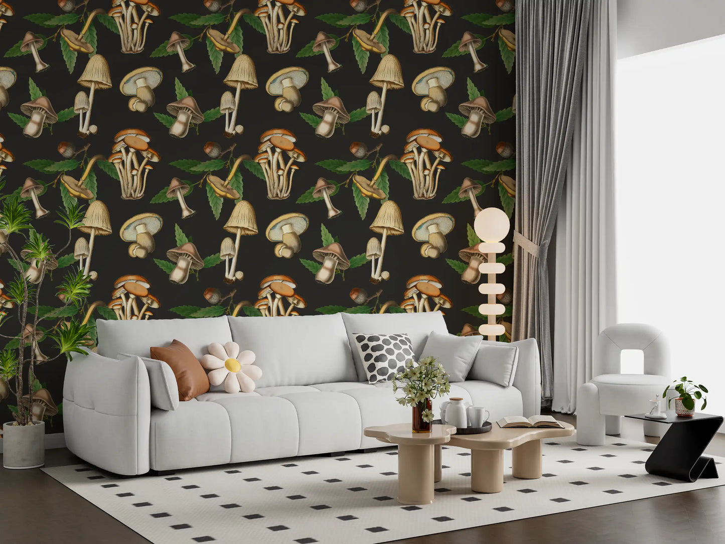 Green leaves and pale stems balance Forest Mushroom wallpaper in a vintage repeat