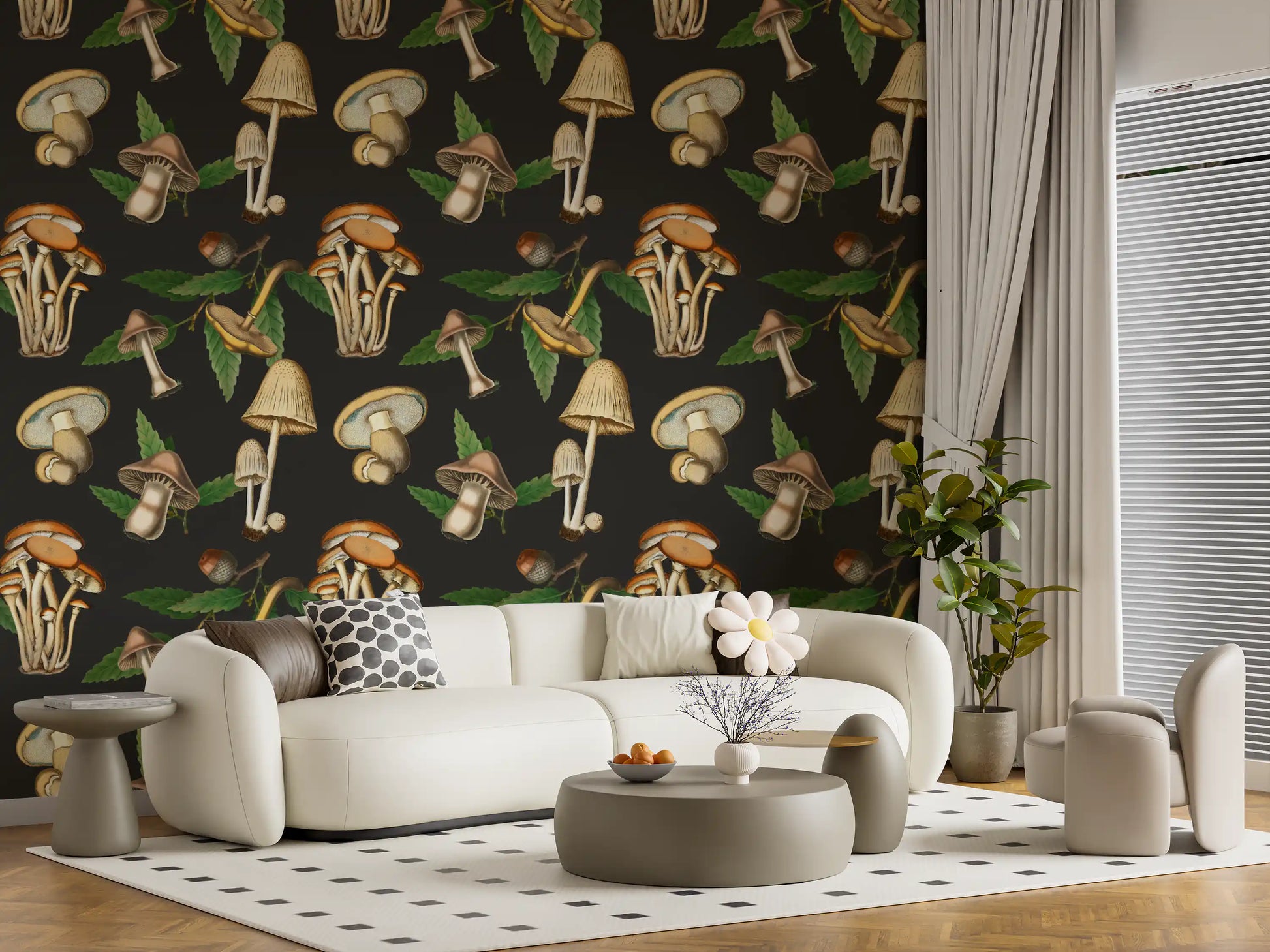 Warm fungi studies define Mushroom Pattern wallpaper with woodland leaves