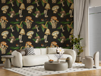 Warm fungi studies define Mushroom Pattern wallpaper with woodland leaves