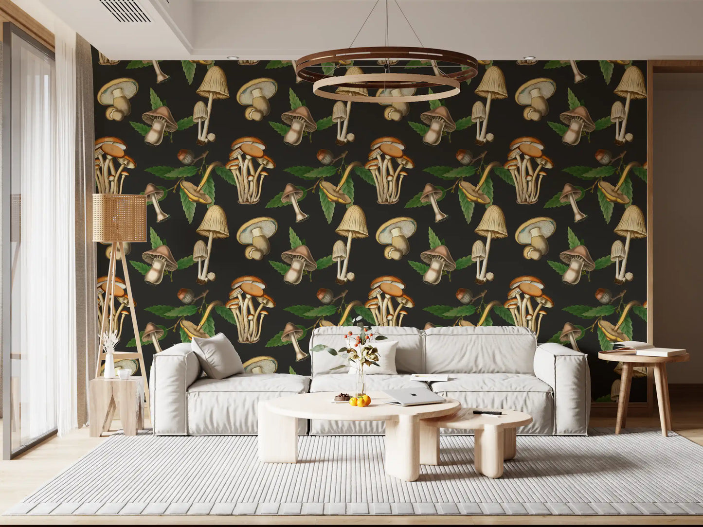 Layered forest motifs enrich Vintage Forest Mushroom wallpaper beautifully