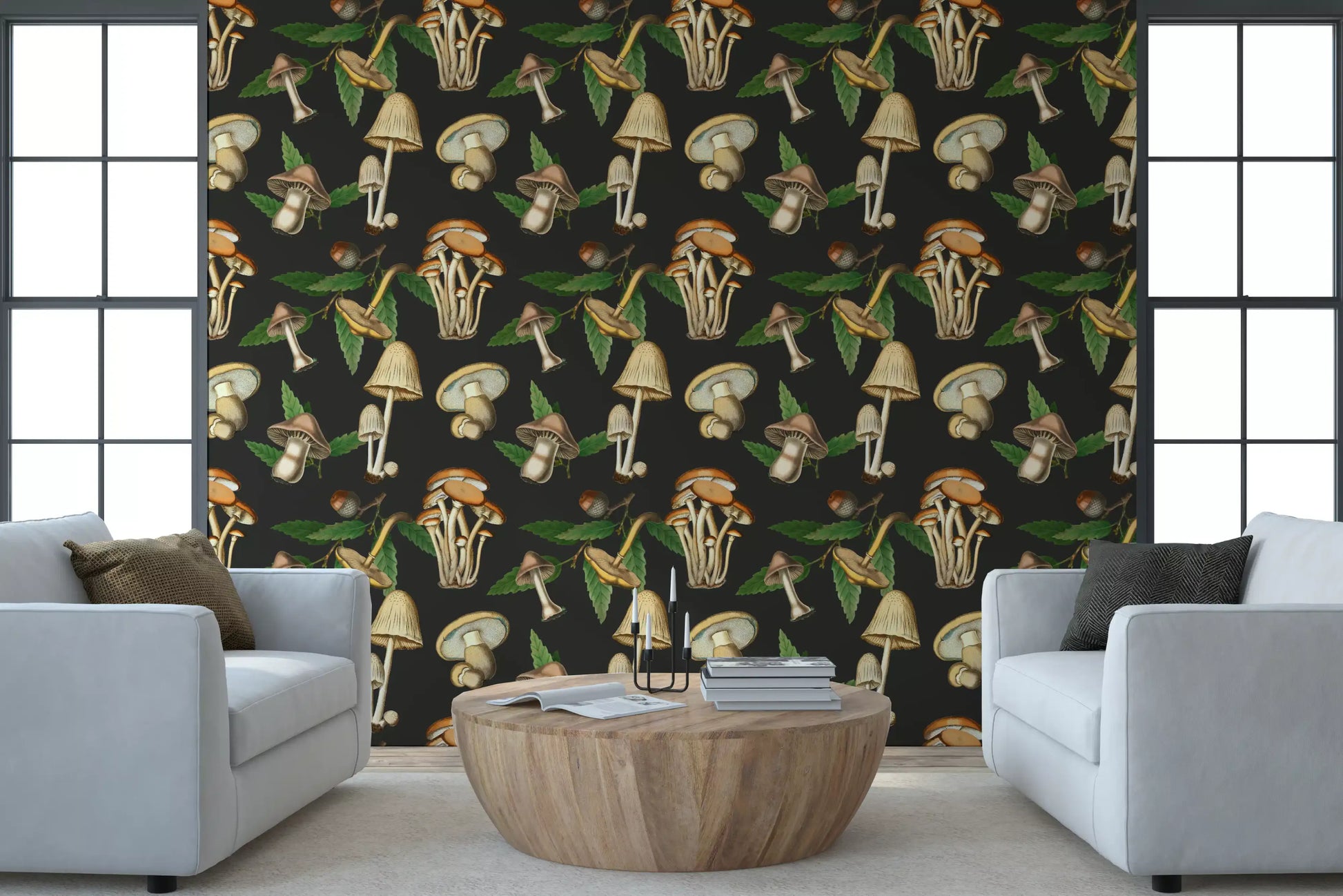 Dark background highlights Vintage Mushroom wallpaper with earthy botanical contrast