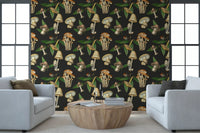 Dark background highlights Vintage Mushroom wallpaper with earthy botanical contrast