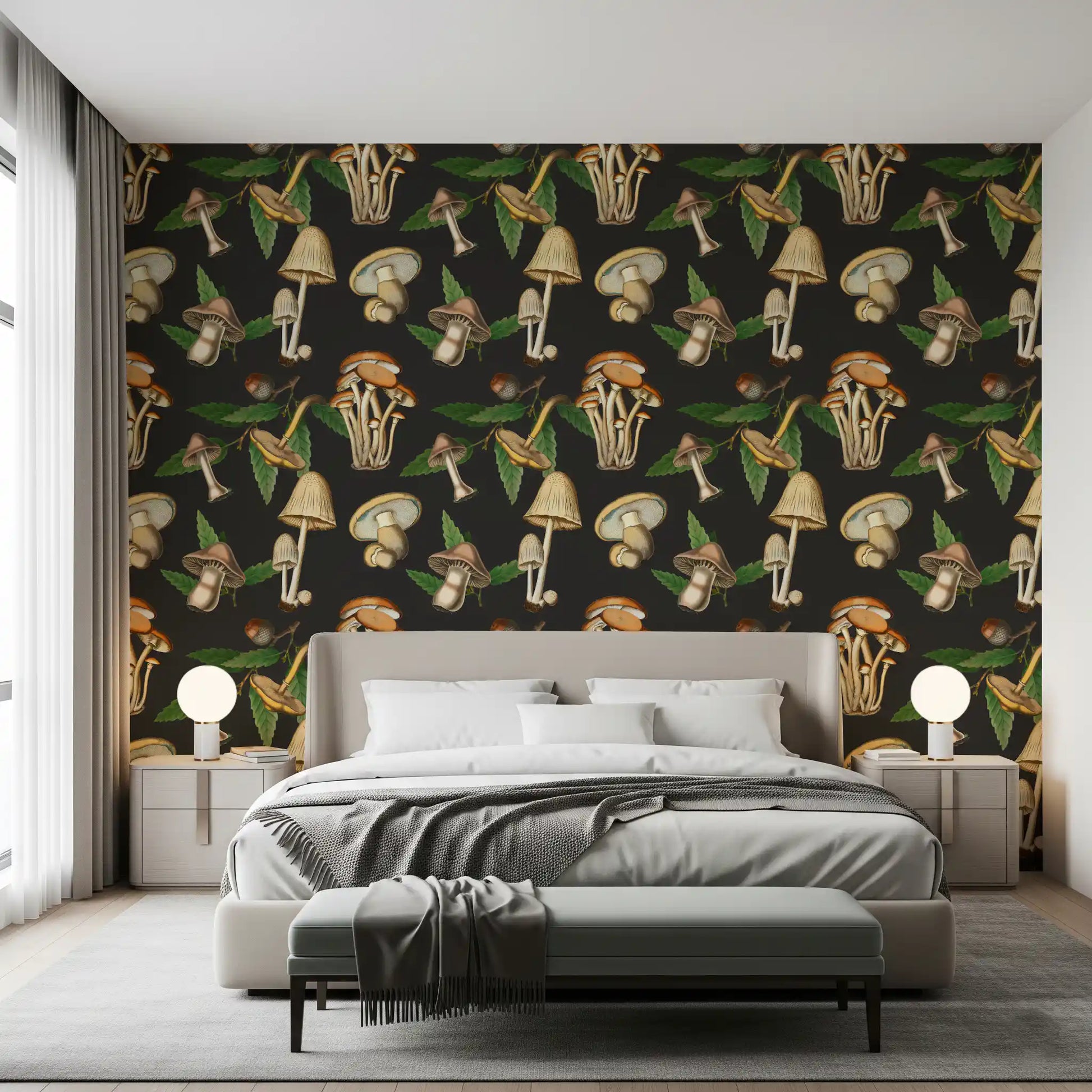 Bedroom wall with Vintage Forest wallpaper in a botanical mushroom repeat