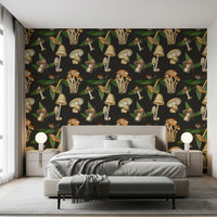 Bedroom wall with Vintage Forest wallpaper in a botanical mushroom repeat