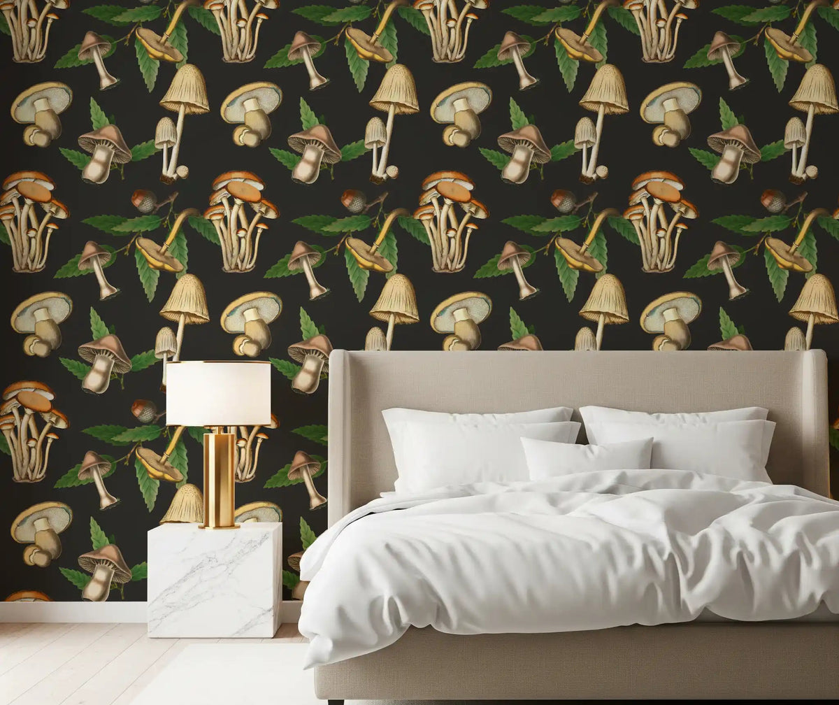 Dark Forest Mushroom Wallpaper with Vintage Nature Illustration