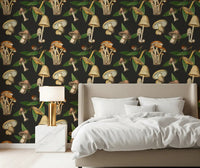 Bedroom wall styled in Forest Mushroom Pattern wallpaper with leafy fungi detail