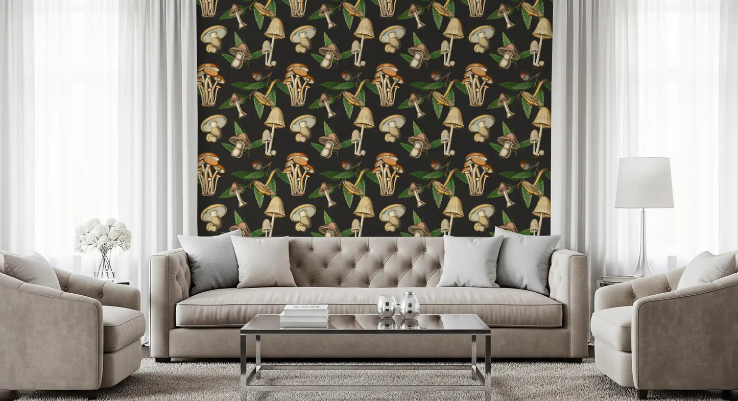 Living room featuring Forest Mushroom wallpaper with illustrated caps and leaves