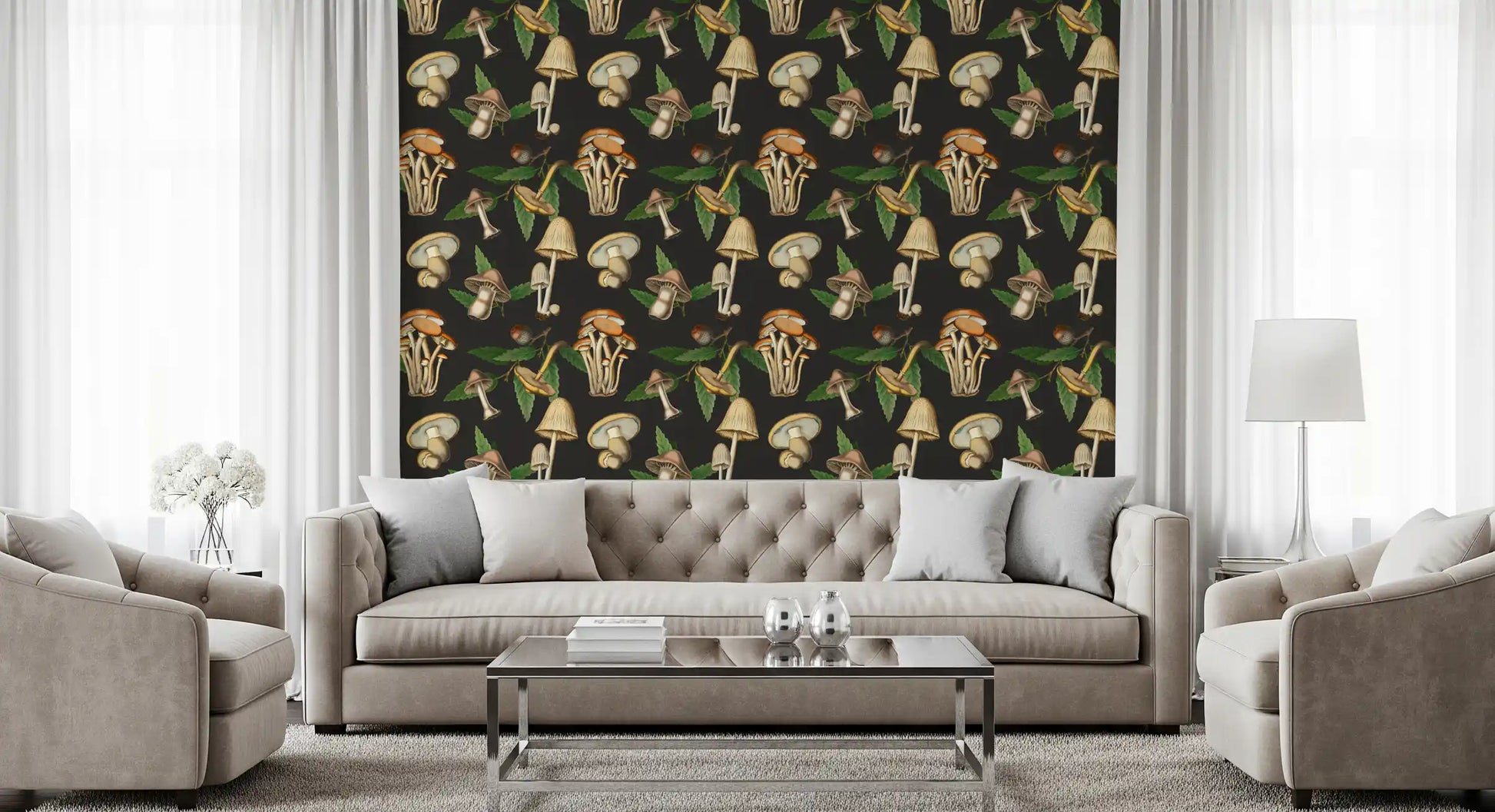 Living room featuring Forest Mushroom wallpaper with illustrated caps and leaves