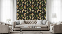 Living room featuring Forest Mushroom wallpaper with illustrated caps and leaves