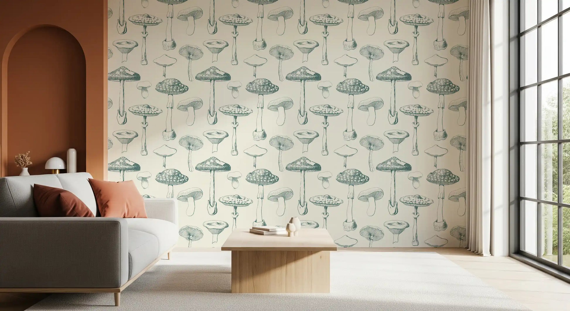 Office wall featuring Verdant Wallpaper Spore design with botanical fungi detail