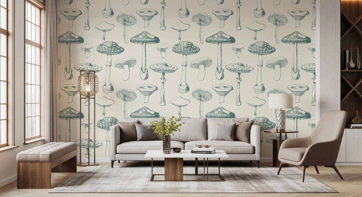 Hallway styled in Spore Study wallpaper with vintage mushroom drawings