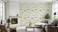 Living room wall with Ancient Forest wallpaper and delicate mushroom drawings