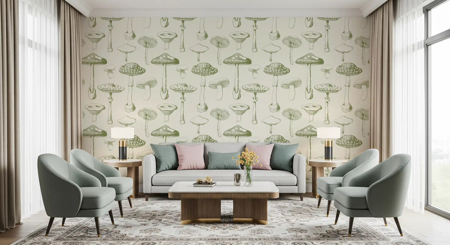 Fine fungi illustration defines Ancient Forest Mushrooms Wallpaper on neutral ground