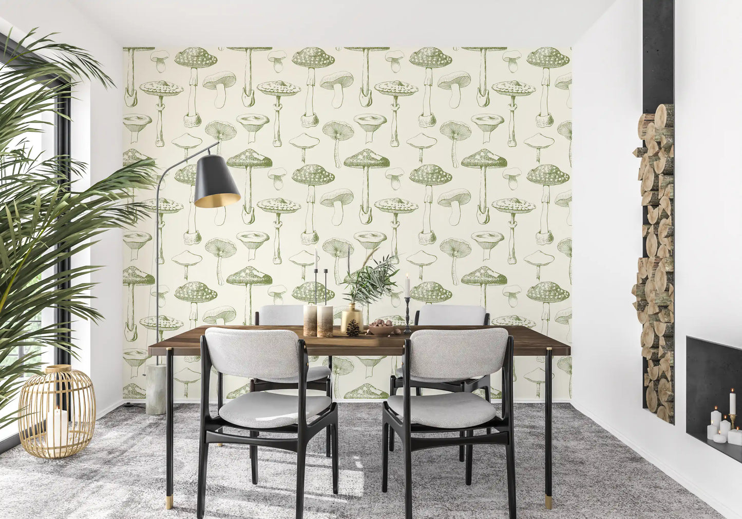 Botanical mushroom studies give Ancient Forest wallpaper a calm rhythm