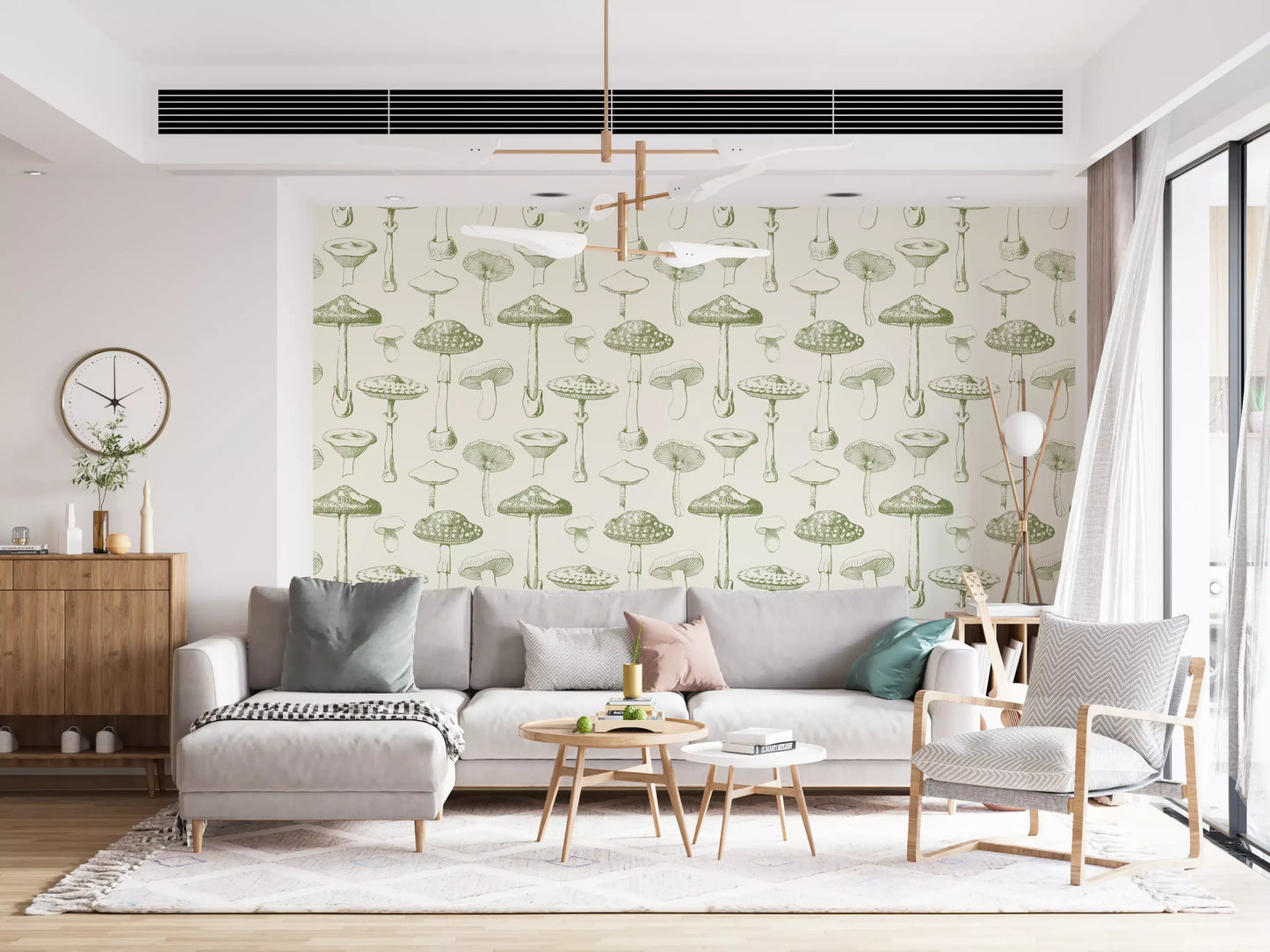 Living room Ancient Mushrooms wallpaper featuring vintage woodland line art