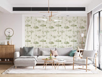 Living room Ancient Mushrooms wallpaper featuring vintage woodland line art