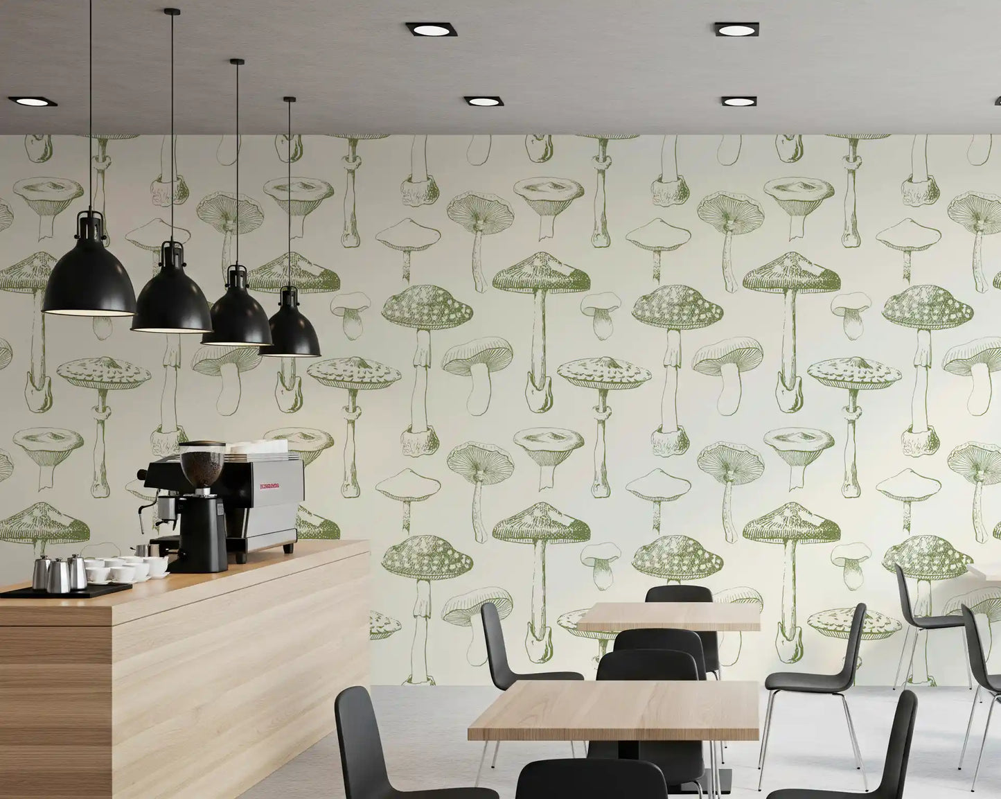 Cafe area wall in Forest Mushrooms wallpaper with soft olive botanical sketching