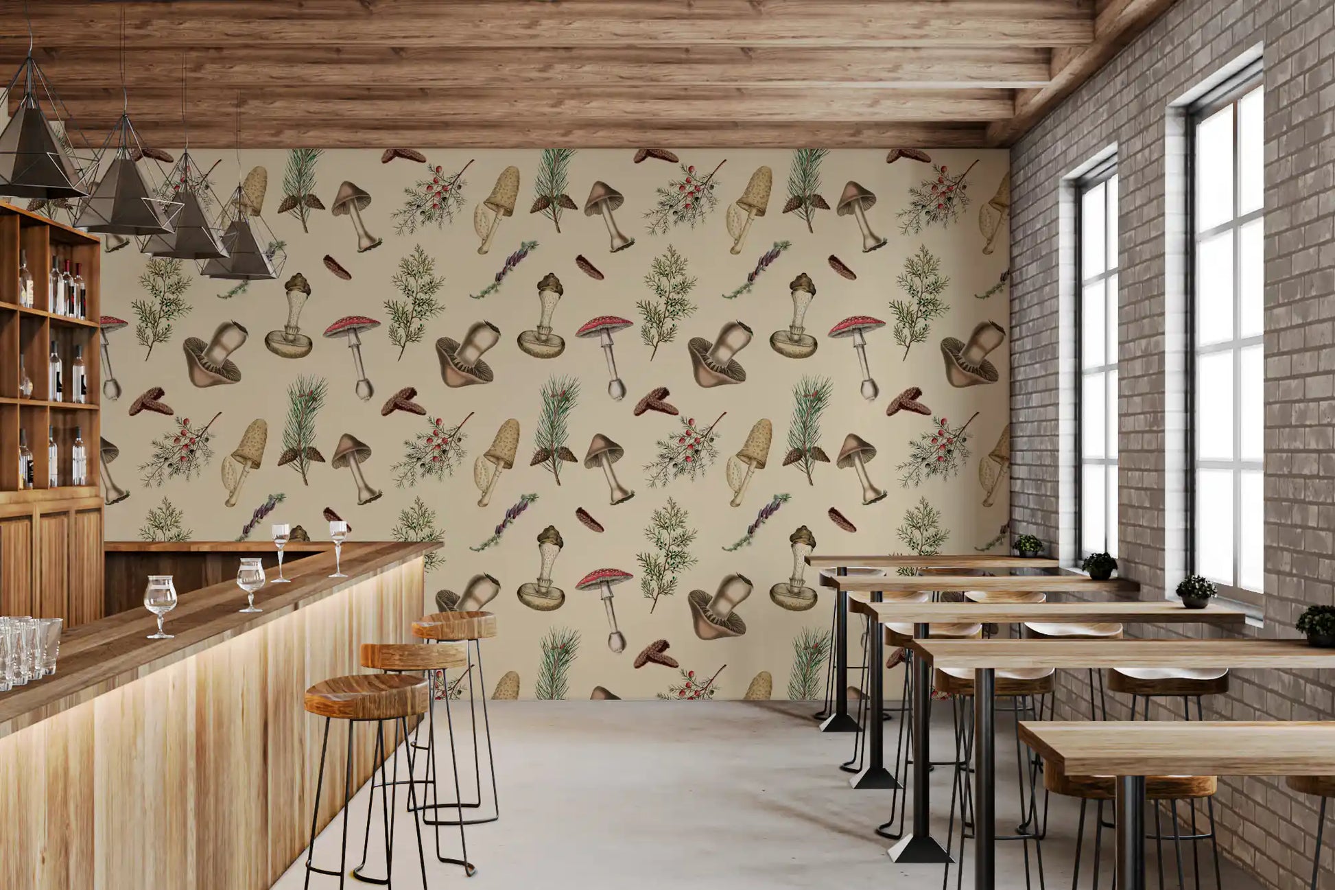 Earthy illustrated forest pattern in Forest Fodder wallpaper