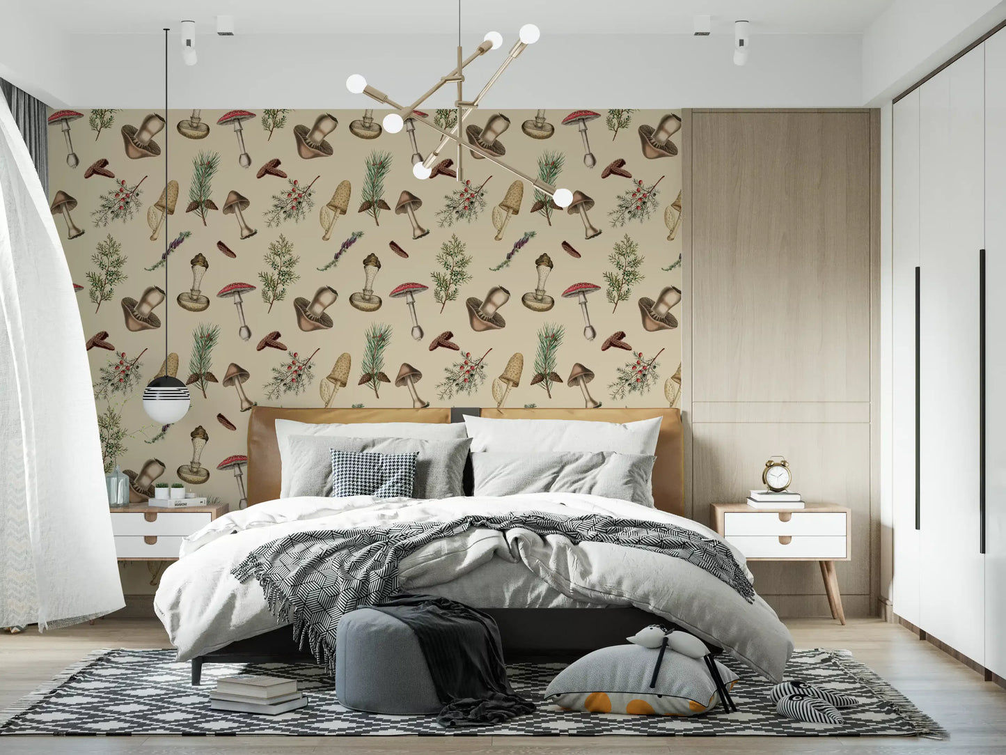Bedroom wall using Rustic Forest wallpaper with fungi and berry branches