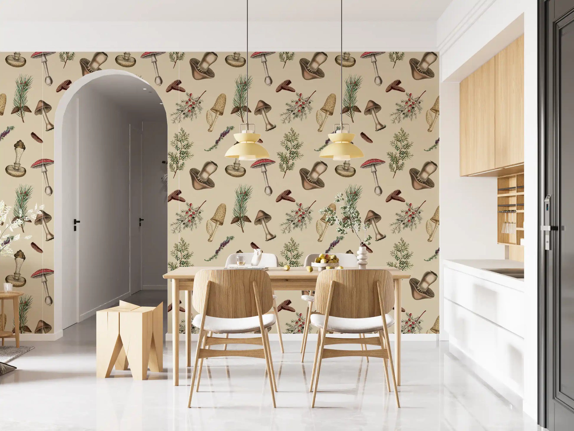 Pine branches and cones enrich Forest Fodder wallpaper naturally