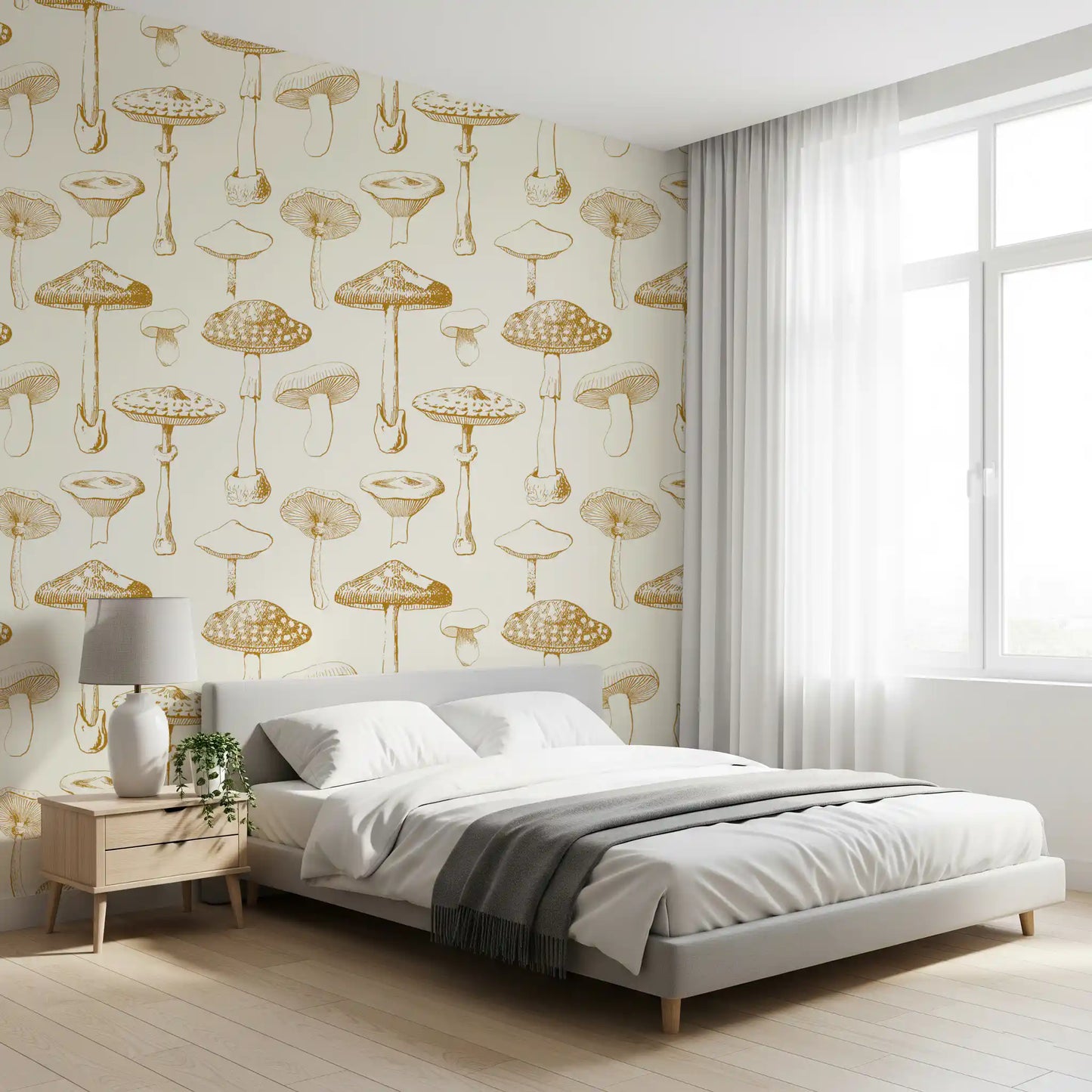 Bedroom wall in Mushroom Sketchbook wallpaper with warm golden linework