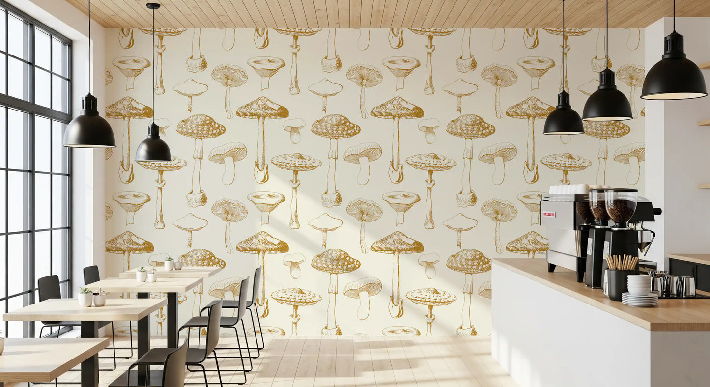 Fine fungi studies shape Golden Mushroom wallpaper on a soft neutral ground